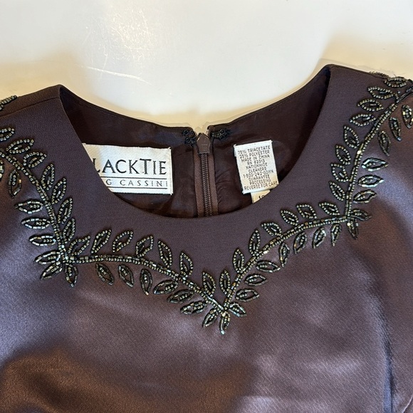 Vintage Oleg Cassini Black Tie Brown Satin Beaded Short Sleeve Dress Sz 12 - Picture 12 of 17